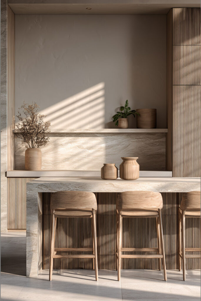 Modern kitchen with ribbed wood island, vertical textured cabinetry, neutral stone countertops, and subtle natural decor
