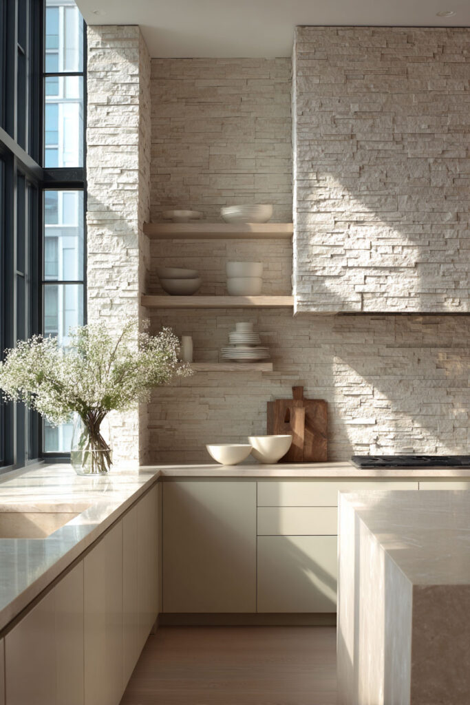 Neutral modern kitchen with stacked stone backsplash and waterfall island, showcasing dimensional surfaces and natural stone texture in contemporary kitchen design.