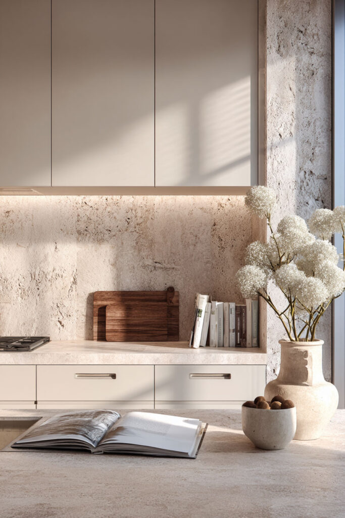 Modern neutral kitchen with textured stone backsplash, warm beige cabinetry, and natural materials showing dimensional surface design trend.