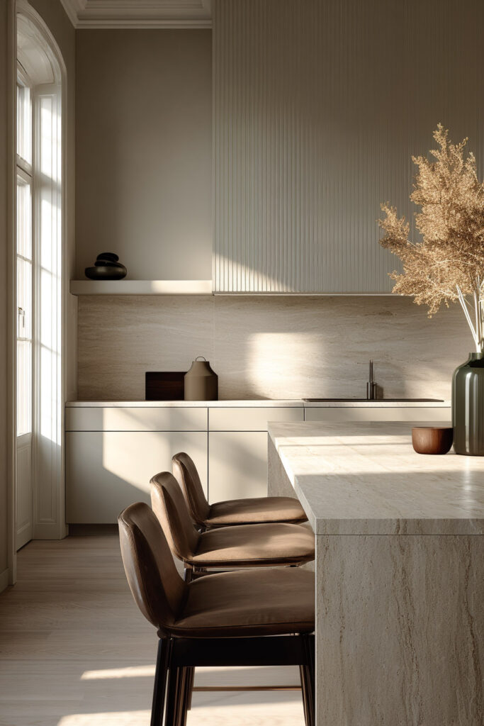 Modern neutral kitchen with fluted cabinetry, stone island, and textured backsplash showing dimensional surfaces kitchen trend.