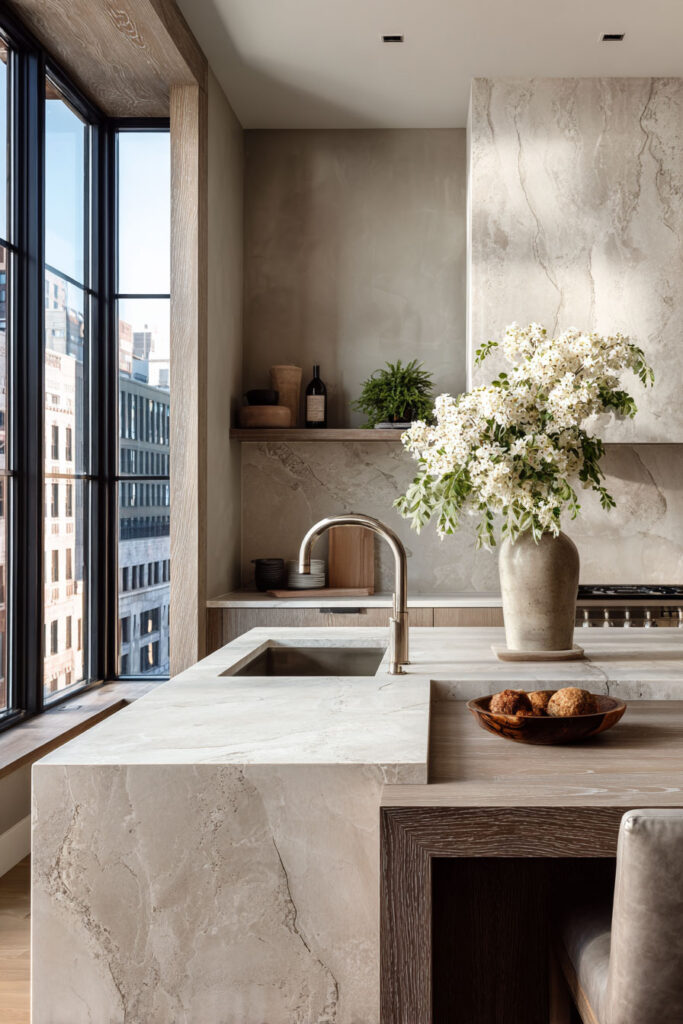 Modern kitchen with marble waterfall island, textured walls, wood inset seating, and neutral natural accents