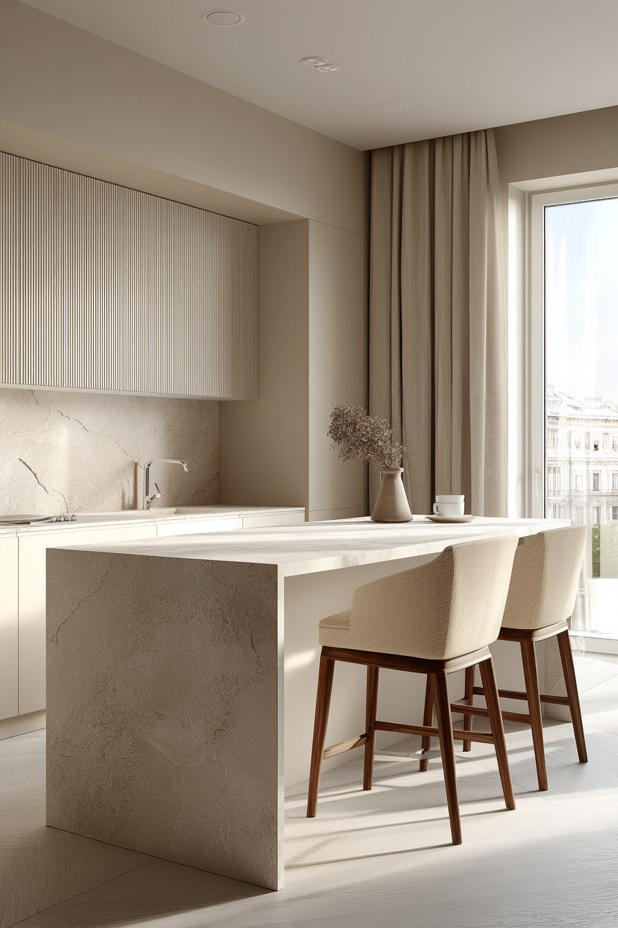 Neutral modern kitchen with fluted cabinetry, stone waterfall island, and textured backsplash showcasing dimensional surfaces and layered kitchen materials.