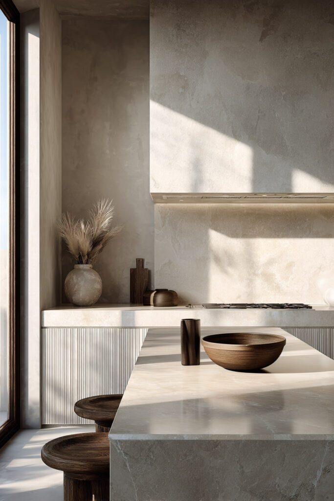 Neutral modern kitchen with plaster walls, ribbed cabinetry, and textured stone island showing dimensional surface design