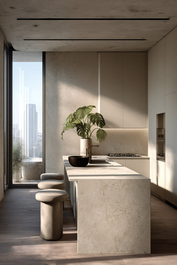Modern neutral kitchen with textured stone island, plaster walls, and dimensional surfaces showcasing natural materials and layered texture in contemporary kitchen design.