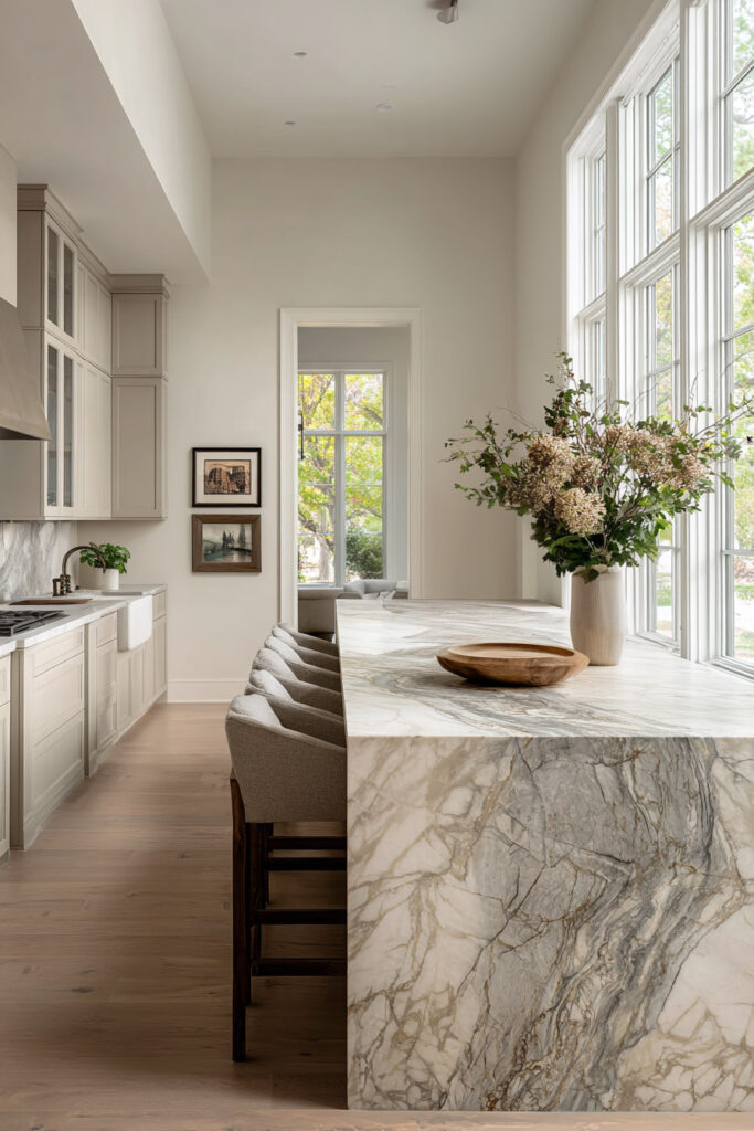 Neutral kitchen with marble waterfall island, soft natural lighting, and layered textures showcasing dimensional surfaces and modern organic kitchen design.