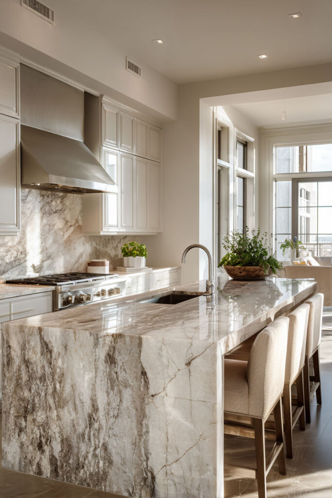 Luxury neutral kitchen with dramatic marble waterfall island and full height stone backsplash showing dimensional surface texture design