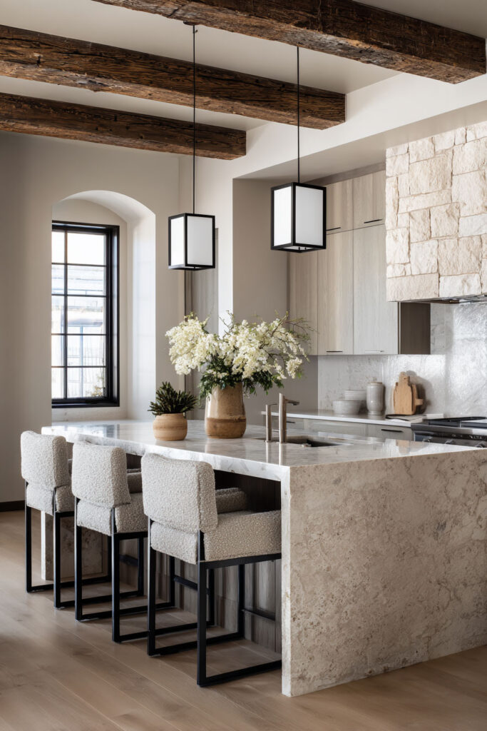 Neutral kitchen with stone waterfall island, exposed wood beams, and textured surfaces showing dimensional surfaces kitchen trend.
