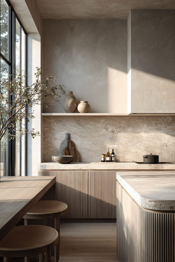 Neutral kitchen with fluted island paneling, textured plaster walls, and stone backsplash showing layered dimensional surfaces and warm modern kitchen design.