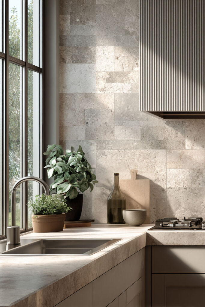 Modern kitchen with dimensional stone backsplash, fluted cabinetry, natural light, potted herbs, and neutral countertop decor