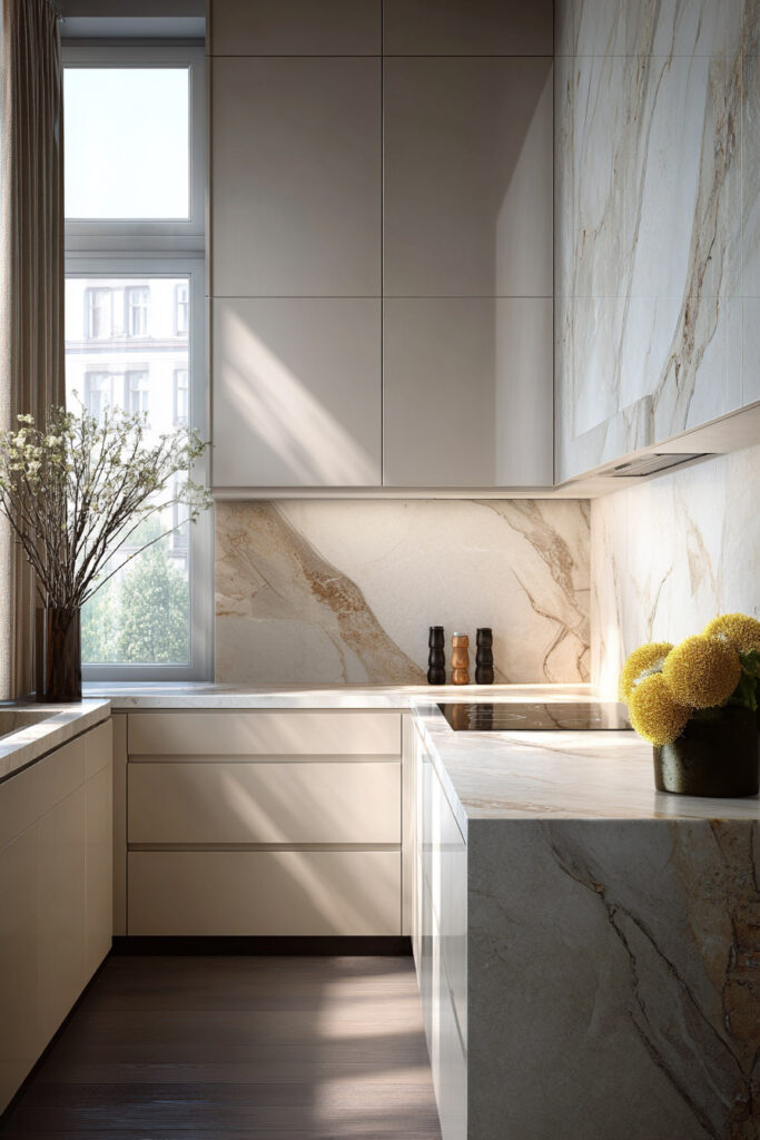 Modern neutral kitchen with dimensional stone backsplash and waterfall countertop featuring natural veining and layered textured surfaces.