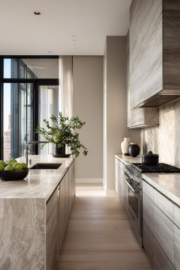 Modern kitchen with dimensional stone backsplash, warm wood cabinetry, and textured surfaces creating depth in a neutral organic modern kitchen design.