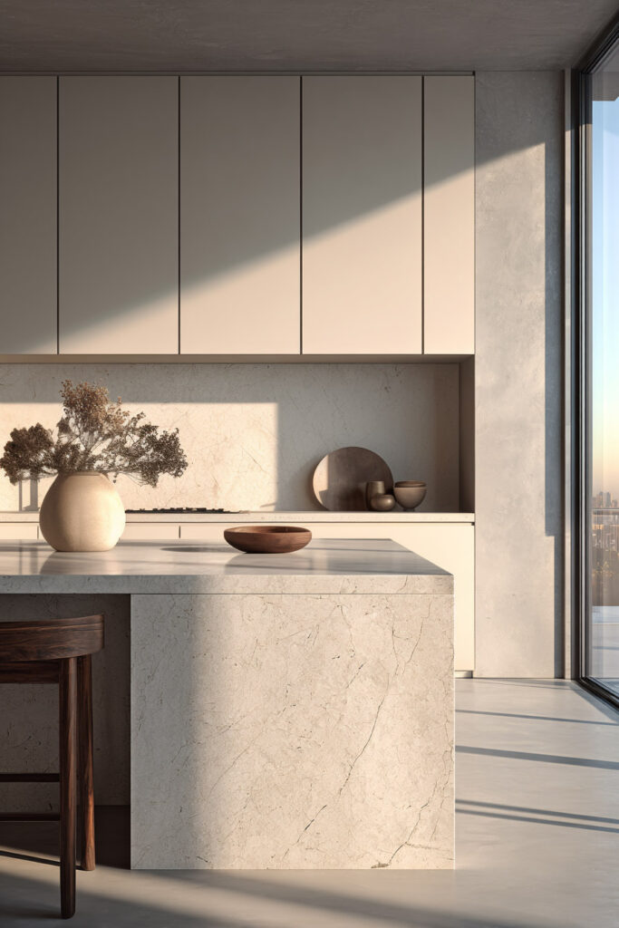 Modern neutral kitchen with textured stone island and dimensional surfaces creating depth in minimalist kitchen design.