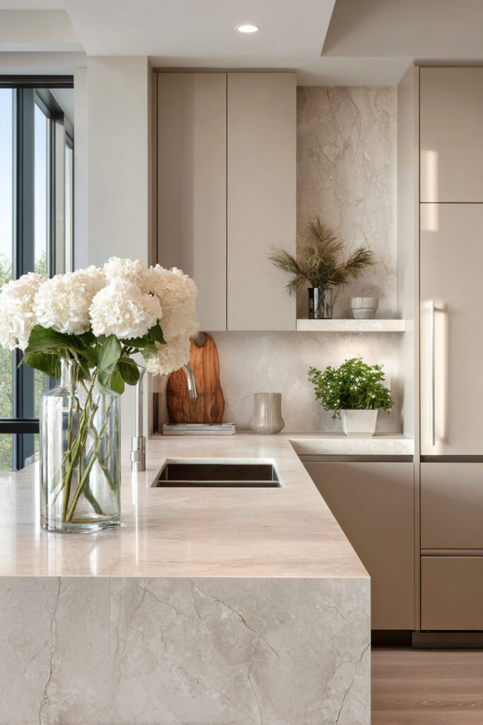 Warm neutral kitchen with stone waterfall countertop, textured backsplash, and dimensional surfaces creating depth in modern kitchen design