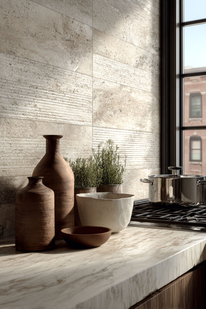 Textured stone dimensional backsplash with ribbed detail in a modern neutral kitchen, showing layered texture and natural materials.