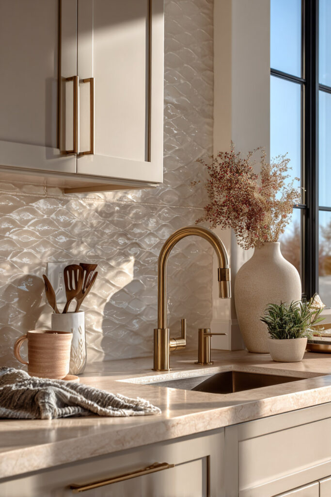 Neutral kitchen with dimensional textured tile backsplash, brass faucet, and warm stone countertop showcasing modern textured kitchen design and layered surfaces.