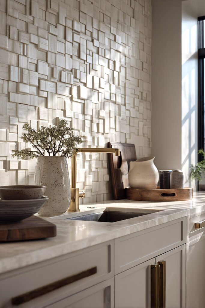 Neutral kitchen with dimensional tile backsplash featuring layered geometric texture, brass faucet, and warm modern styling.