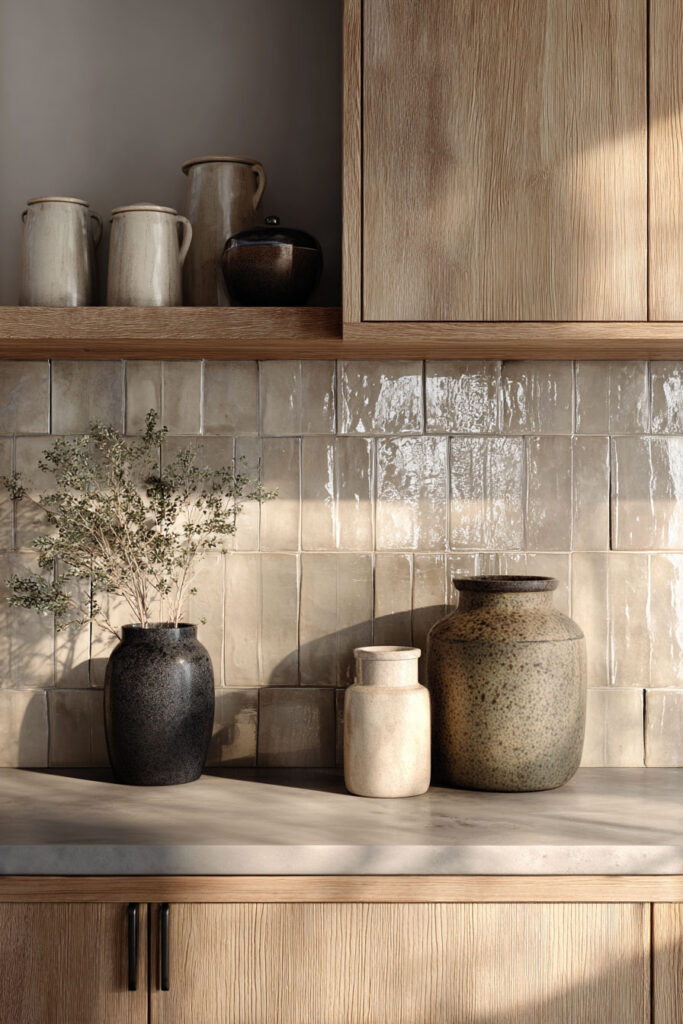 Kitchen backsplash with textured glossy tile, neutral vases, greenery, and wood cabinetry with natural light