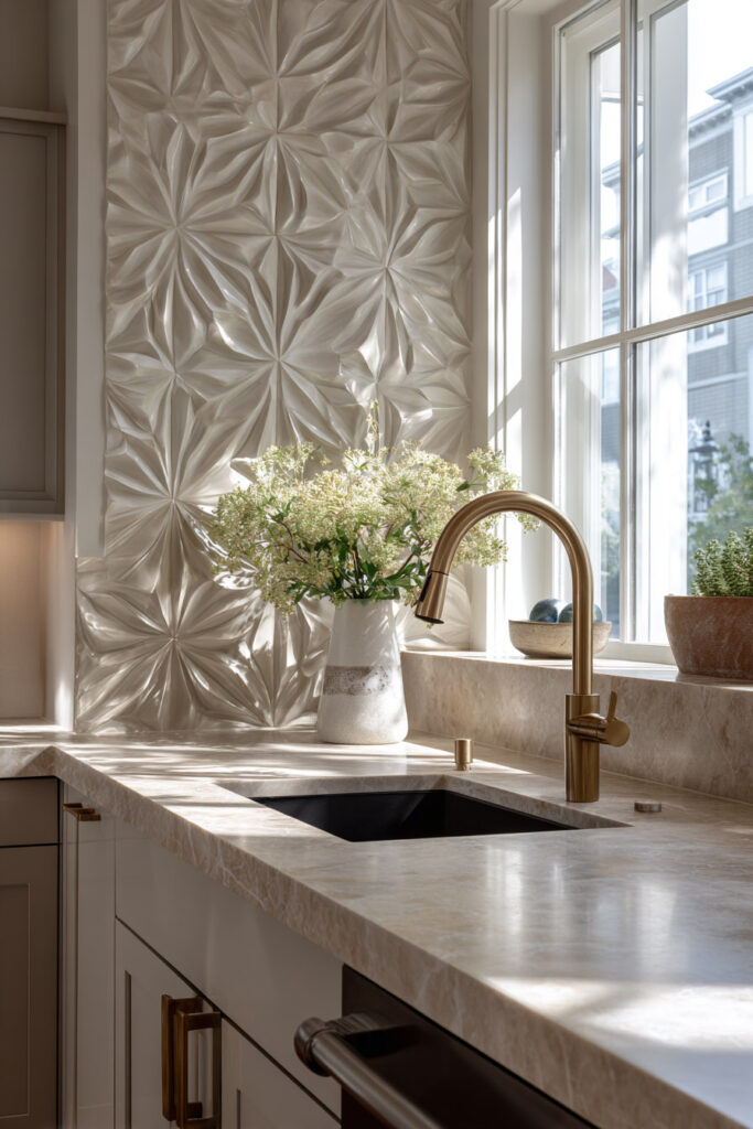 Neutral kitchen with sculpted dimensional tile backsplash, brass faucet, and stone countertop showcasing textured kitchen surfaces and modern dimensional design.