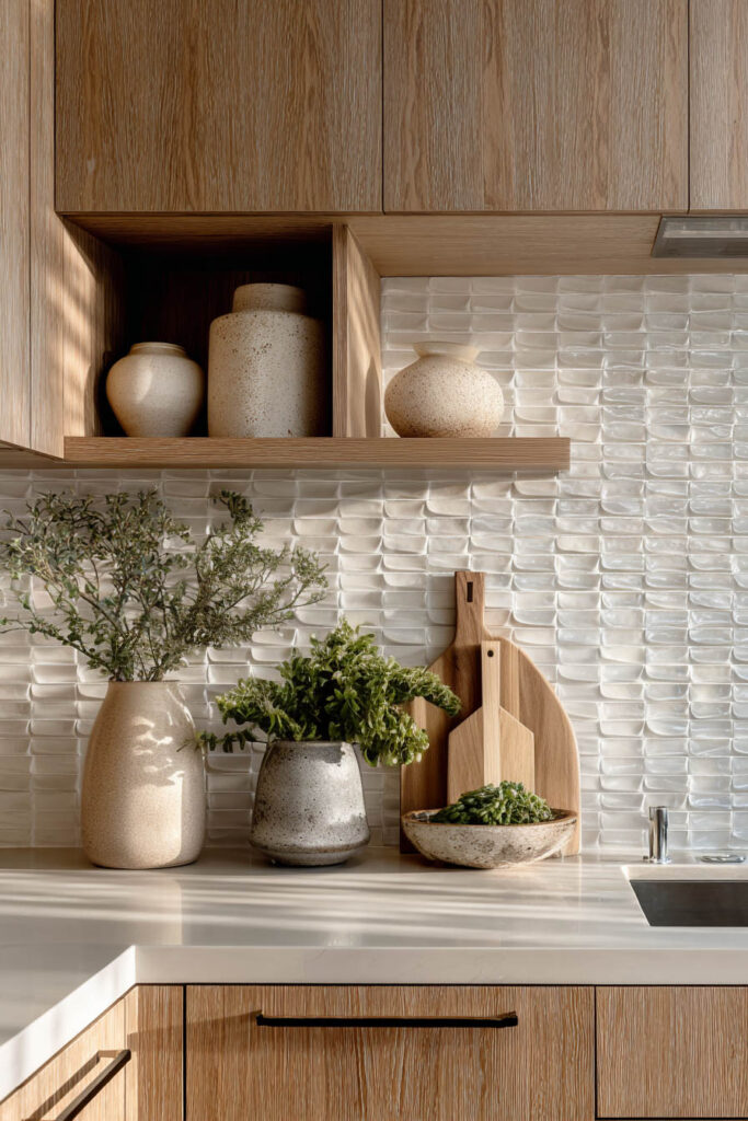 Dimensional kitchen backsplash with sculpted textured tile and warm wood cabinets in a modern neutral kitchen design