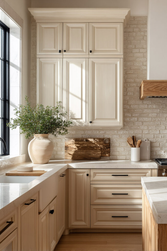 Warm neutral kitchen with textured subway tile dimensional backsplash, classic cabinetry, and natural light creating depth in modern kitchen design
