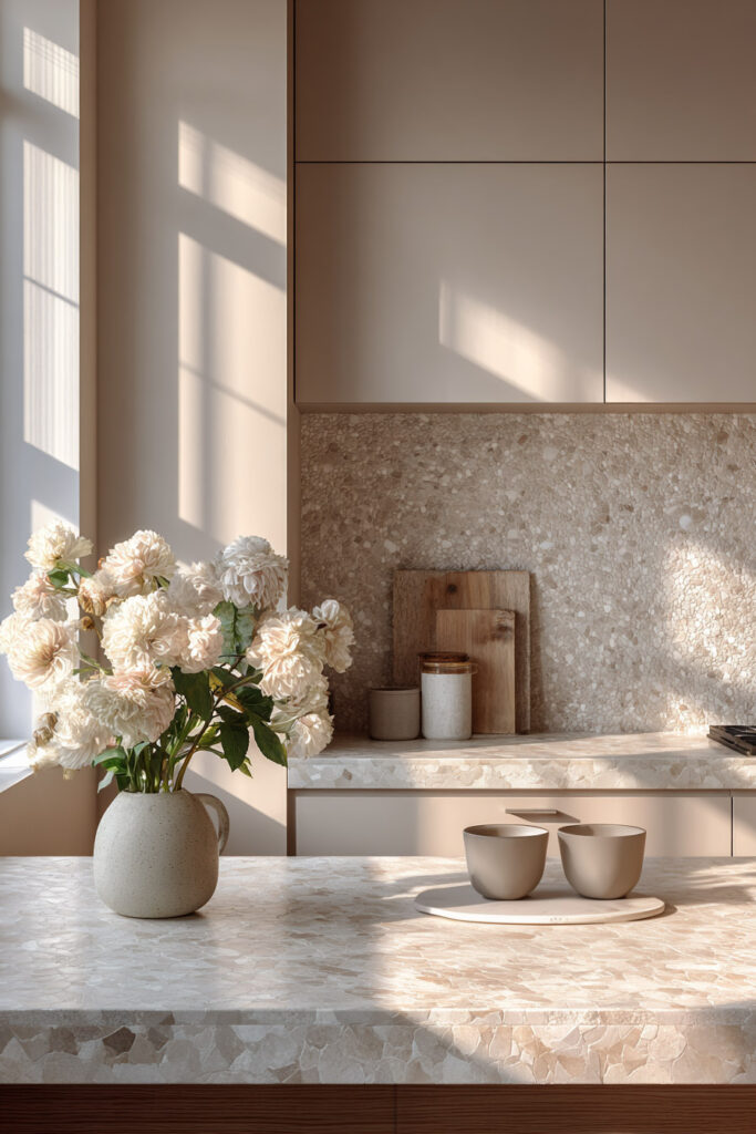 Neutral kitchen with terrazzo backsplash and countertop featuring dimensional texture, warm cabinetry, and natural light.