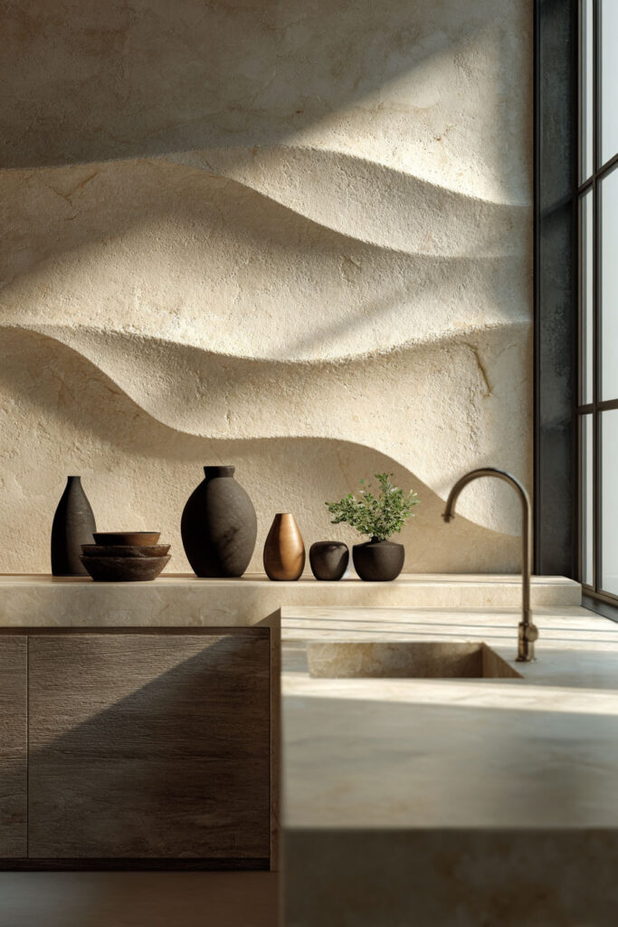 Modern kitchen with wave-textured backsplash, neutral stone countertop, decorative vases, and natural sunlight highlighting texture