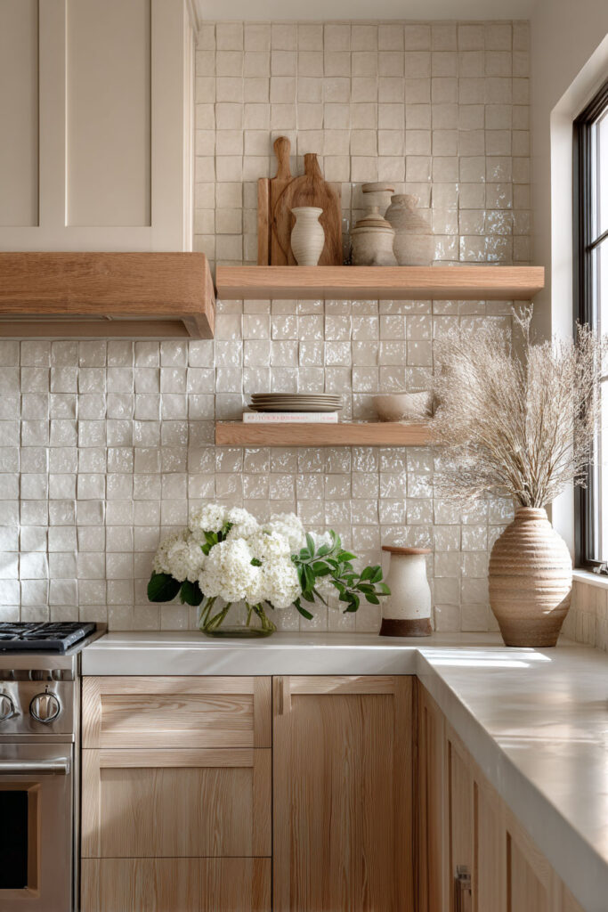Dimensional kitchen backsplash with handmade textured tile and light wood cabinets in a warm neutral kitchen design