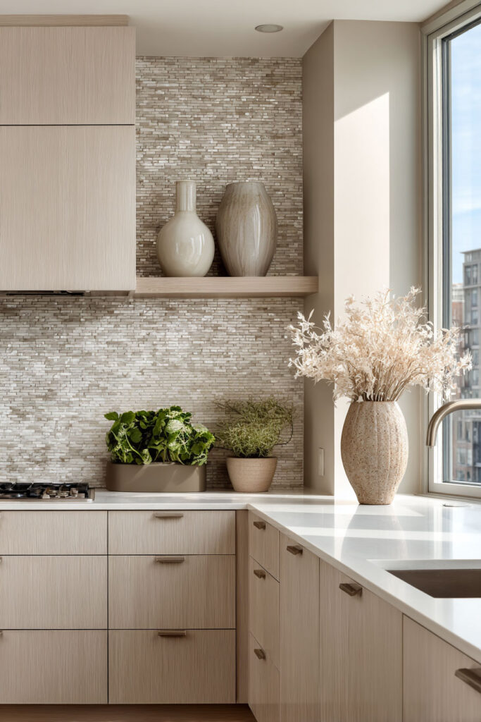 Neutral kitchen with stacked stone dimensional backsplash, light wood cabinetry, and textured surfaces creating depth in a modern organic kitchen design.