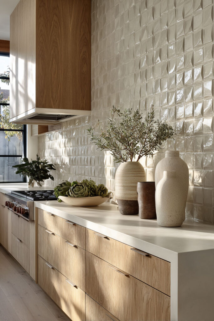Modern kitchen with glossy dimensional tile backsplash, warm wood cabinetry, and textured surface reflecting natural light.