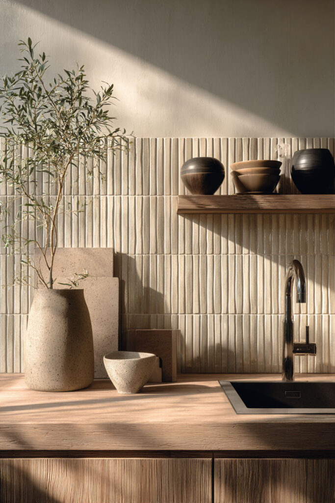 Kitchen with fluted tile backsplash, ribbed wood cabinets, textured vases, and greenery with natural sunlight highlighting dimension
