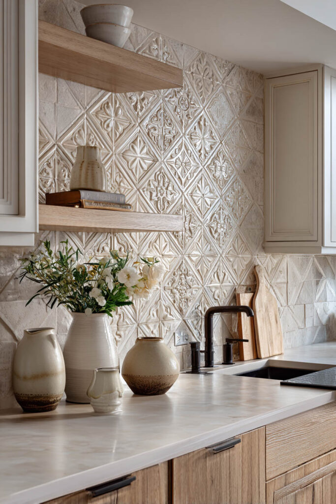 Neutral kitchen with sculpted dimensional tile backsplash, textured surface detail, and warm wood cabinetry in modern kitchen design.