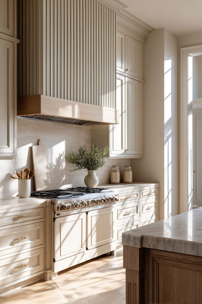 Fluted range hood and ribbed kitchen surfaces in a warm neutral kitchen with dimensional texture and natural stone backsplash