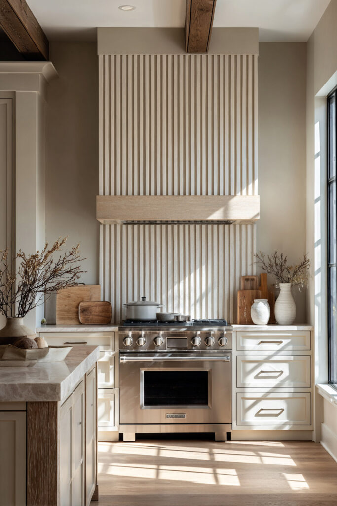 Modern kitchen with fluted dimensional backsplash and ribbed surface detail behind range, showcasing textured kitchen design and neutral tones.