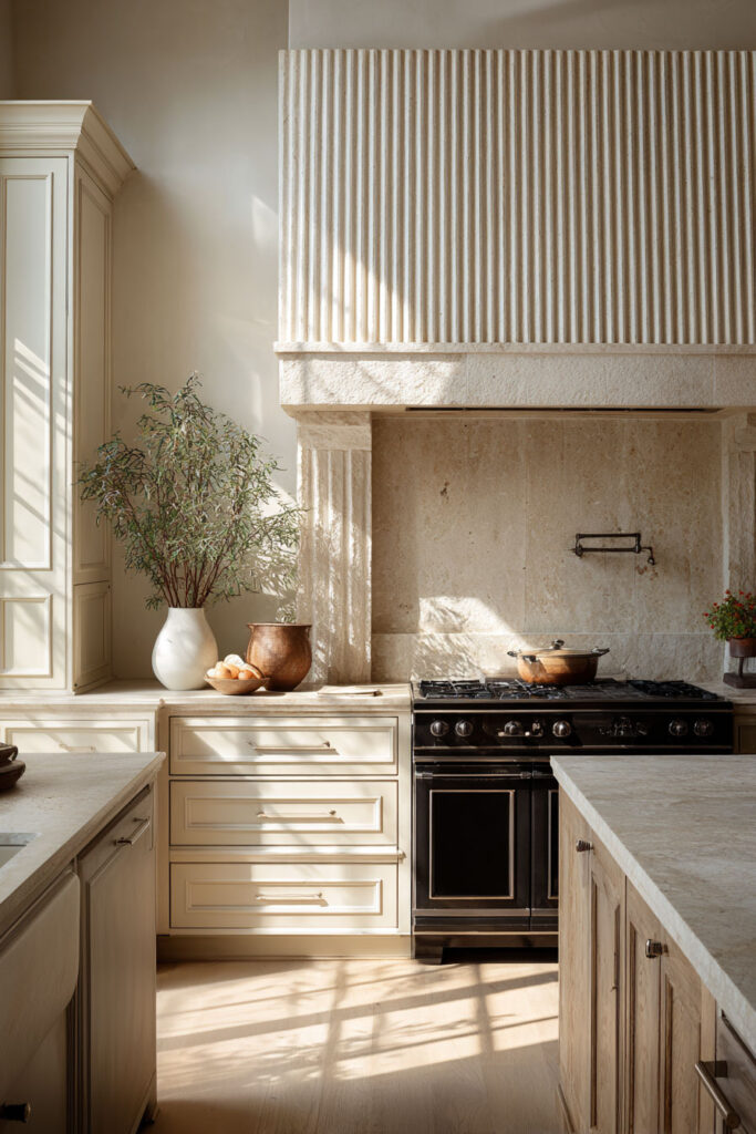Traditional modern kitchen with fluted stone range hood, ribbed texture detail, and warm neutral cabinetry showcasing dimensional kitchen surfaces.