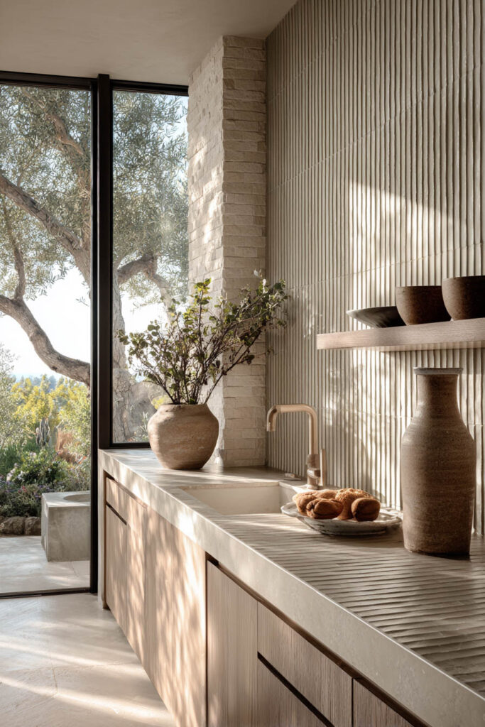 Kitchen with ribbed stone backsplash, layered wood cabinets, textured vases, and greenery under natural sunlight