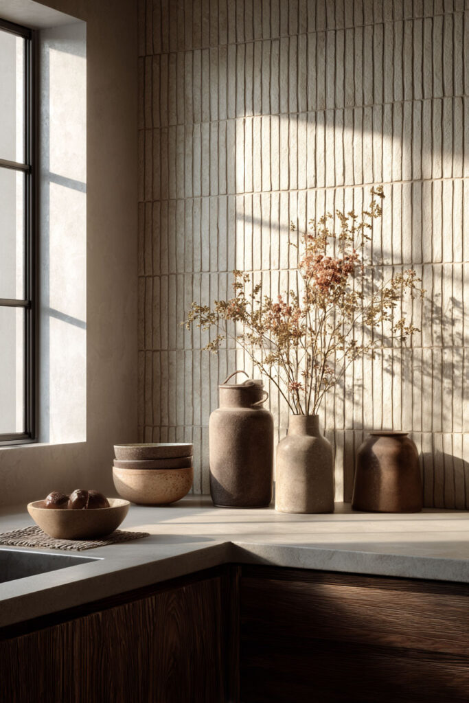 Neutral kitchen with ribbed tile backsplash, warm wood cabinetry, and dimensional textured wall creating depth and shadow.