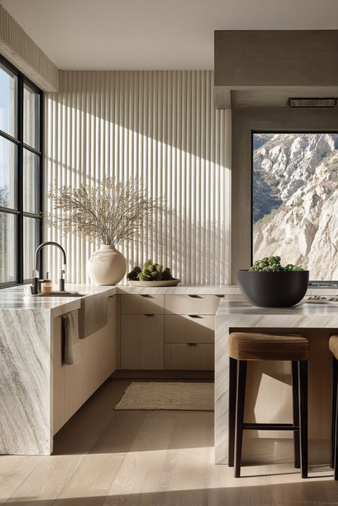 Kitchen with ribbed tile backsplash, light wood cabinets, marble countertop, decorative vases, and greenery under natural sunlight