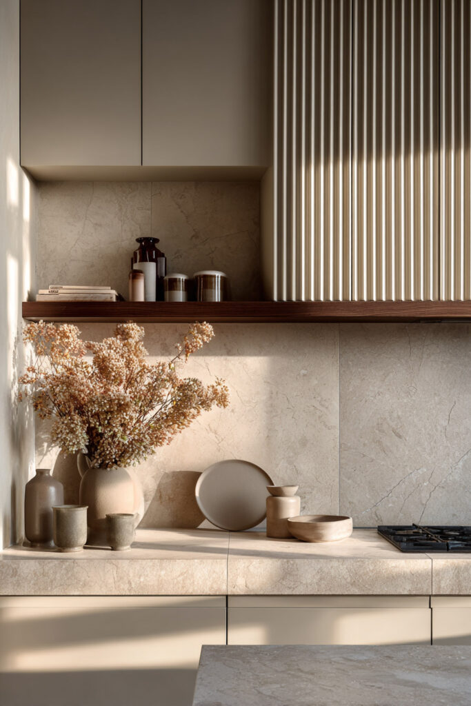 Neutral kitchen with fluted cabinetry and ribbed paneling paired with stone backsplash, showcasing dimensional surfaces and textured kitchen design in warm modern style.