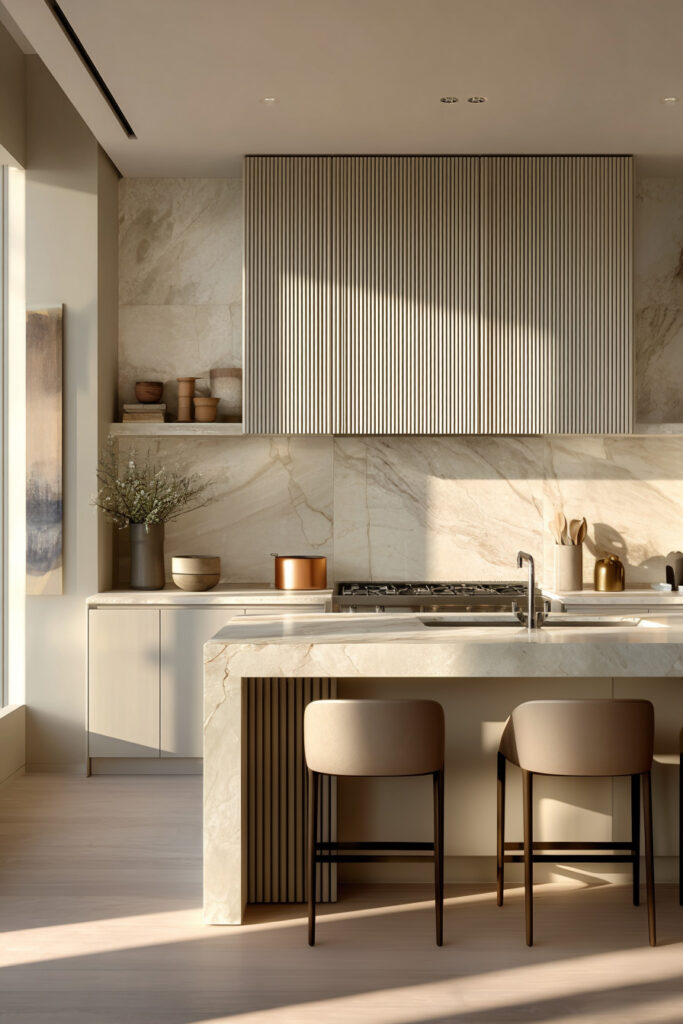 Modern neutral kitchen with fluted island panel, ribbed cabinetry, and dimensional surfaces paired with natural stone backsplash