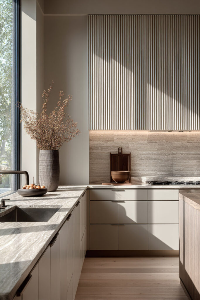 Modern kitchen with ribbed cabinetry, textured backsplash, decorative vase, wooden accents, and natural light highlighting surface texture