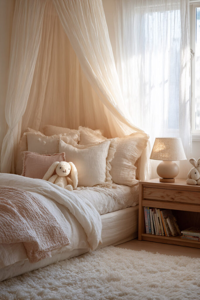 Cozy neutral little girls bedroom with soft canopy bed, layered pillows, plush bunny toy, and warm natural light by a window.