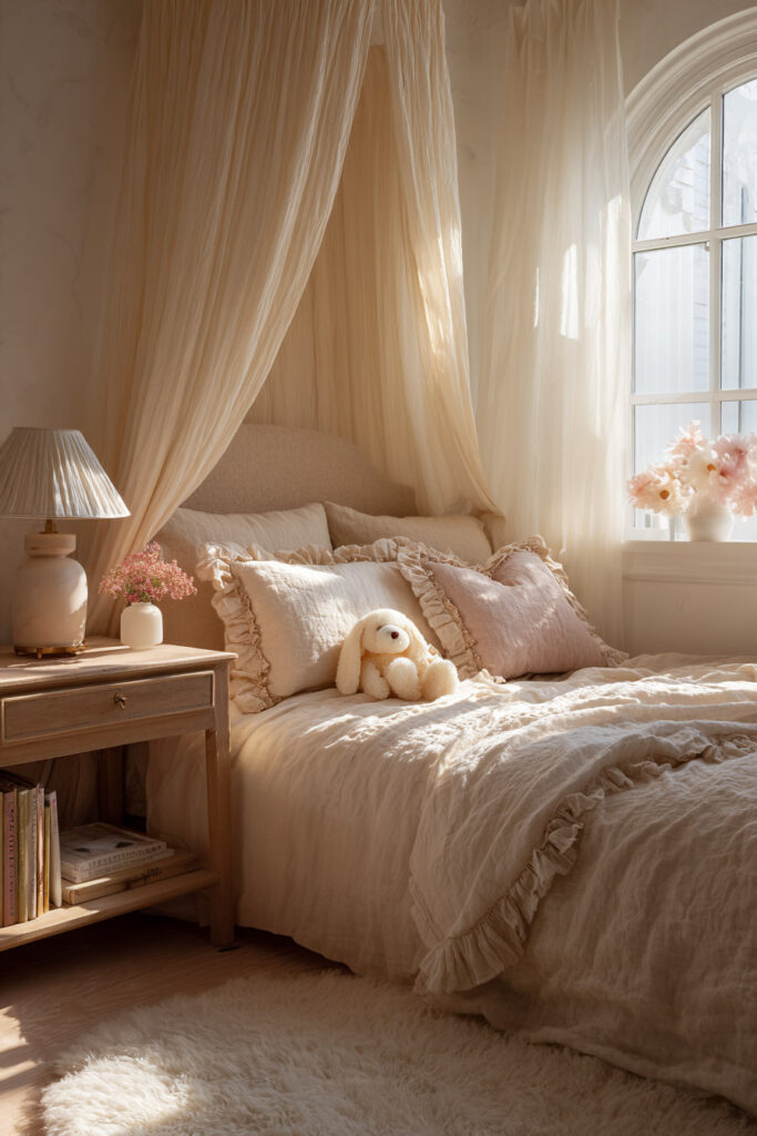 cozy neutral little girls bedroom with soft canopy bed, ruffled bedding, plush bunny, wooden nightstand, and warm natural sunlight