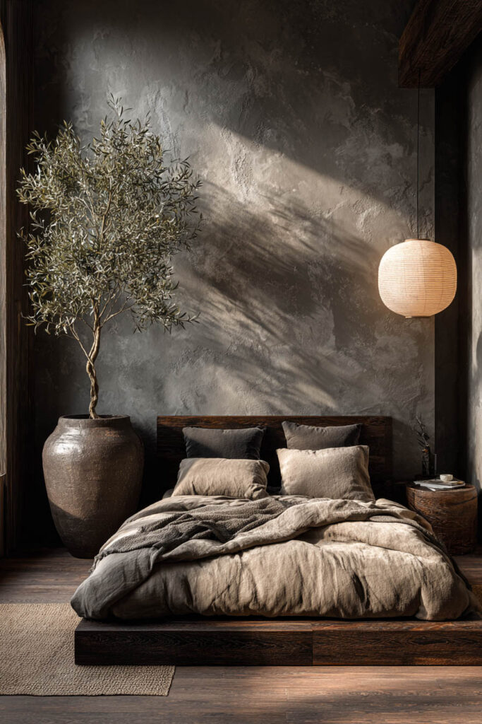 Japandi bedroom with dark wood platform bed, earthy linen bedding, textured plaster wall, olive tree, and soft paper lantern lighting