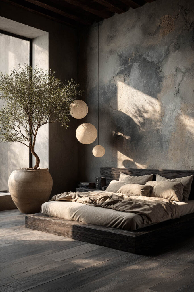 Japandi bedroom with low wood platform bed, earthy neutral bedding, textured plaster wall, pendant lighting, and indoor olive tree
