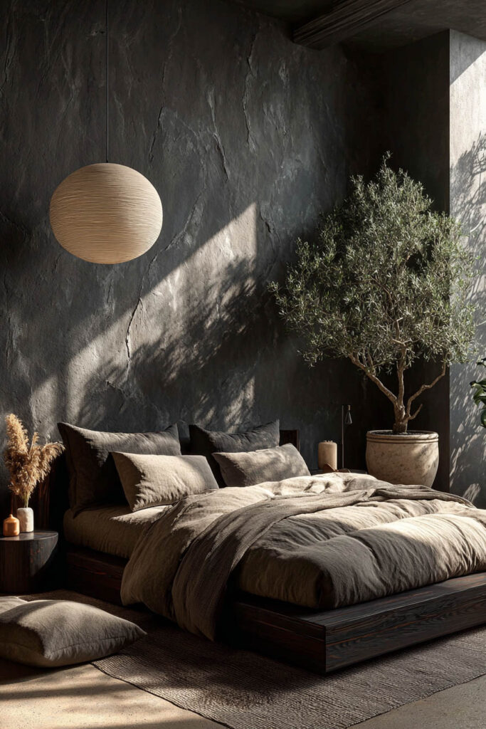 Japandi bedroom with low wood platform bed, neutral linen bedding, textured plaster wall, warm natural light, and olive tree decor