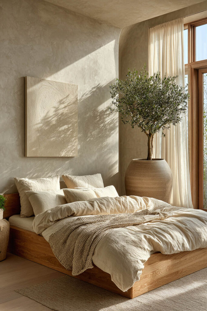 light Japandi bedroom with low wood bed, cream linen bedding, textured neutral wall, olive tree in large ceramic pot, and soft natural sunlight
