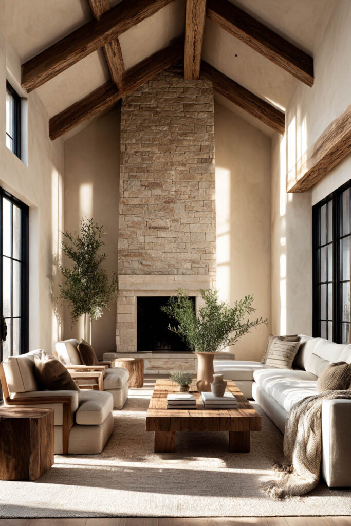 Organic modern living room with tall stone fireplace, exposed wood ceiling beams, warm neutral sofas, and natural materials decor in a sunlit interior.