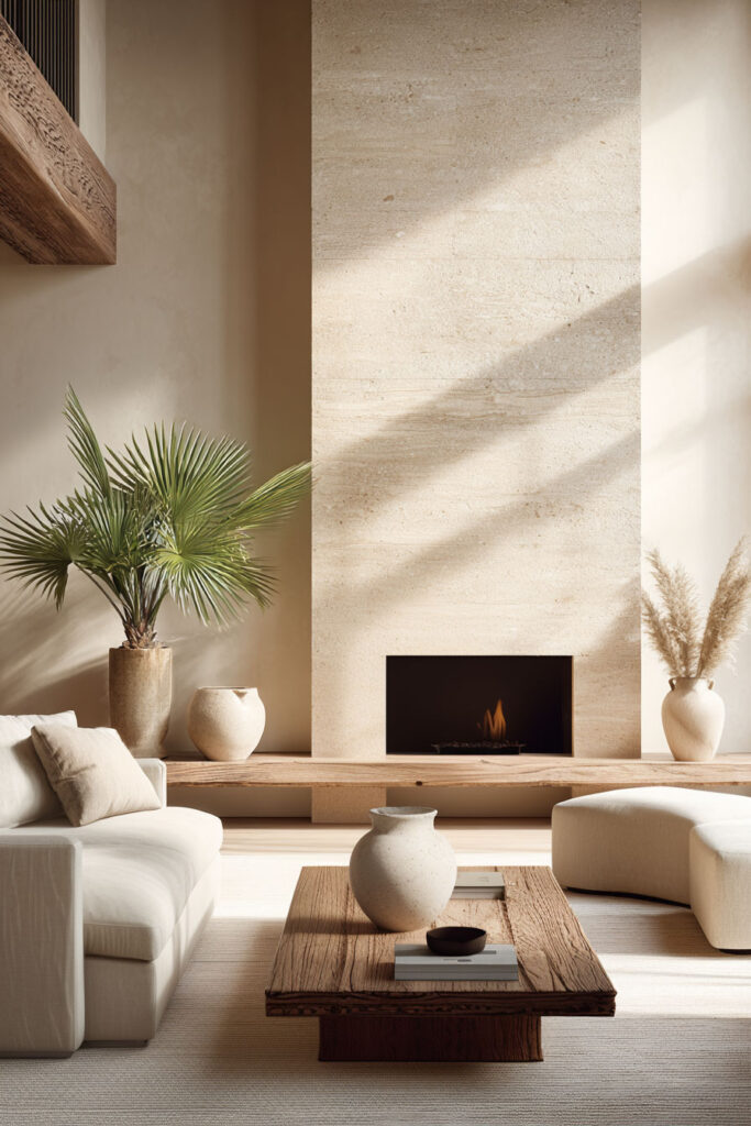 Organic modern living room with a natural stone fireplace, warm wood coffee table, neutral sofa, and clay decor creating a calm natural materials interior.