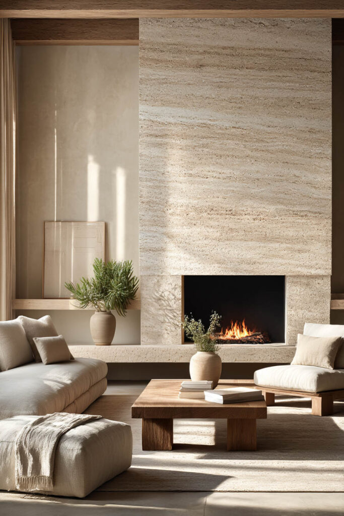 Organic modern living room with a natural stone fireplace, warm wood coffee table, neutral seating, and earthy decor in a calm natural materials interior.