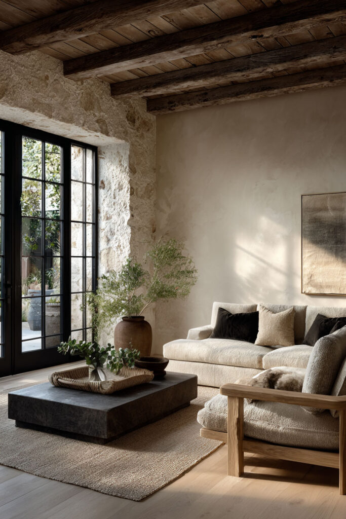 Organic modern living room with natural materials including wood ceiling beams, plaster walls, stone coffee table, and neutral linen seating with natural light.